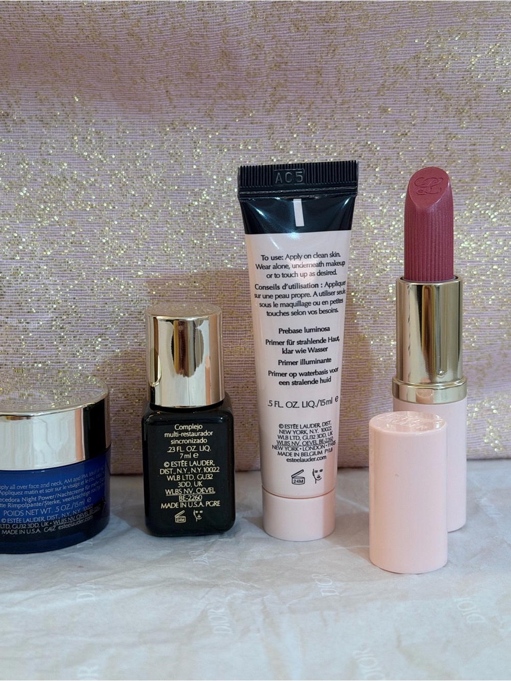 Estee Lauder Pink Glitter Cosmetic Pouch with Skincare & Lipstick - Picture 9 of 12